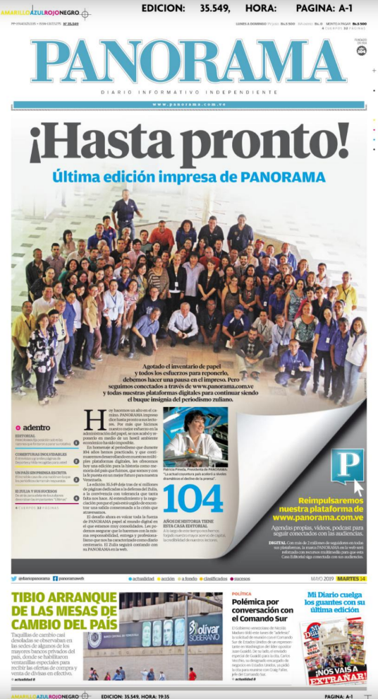 Primeira página da última edição impressa do jornal venezuelano Panorama. (Reprodução)
