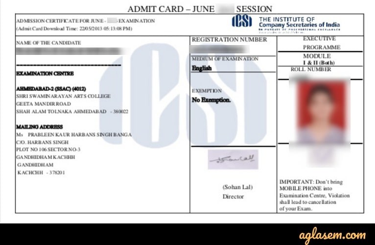 CS Executive Admit Card Dec 2019
