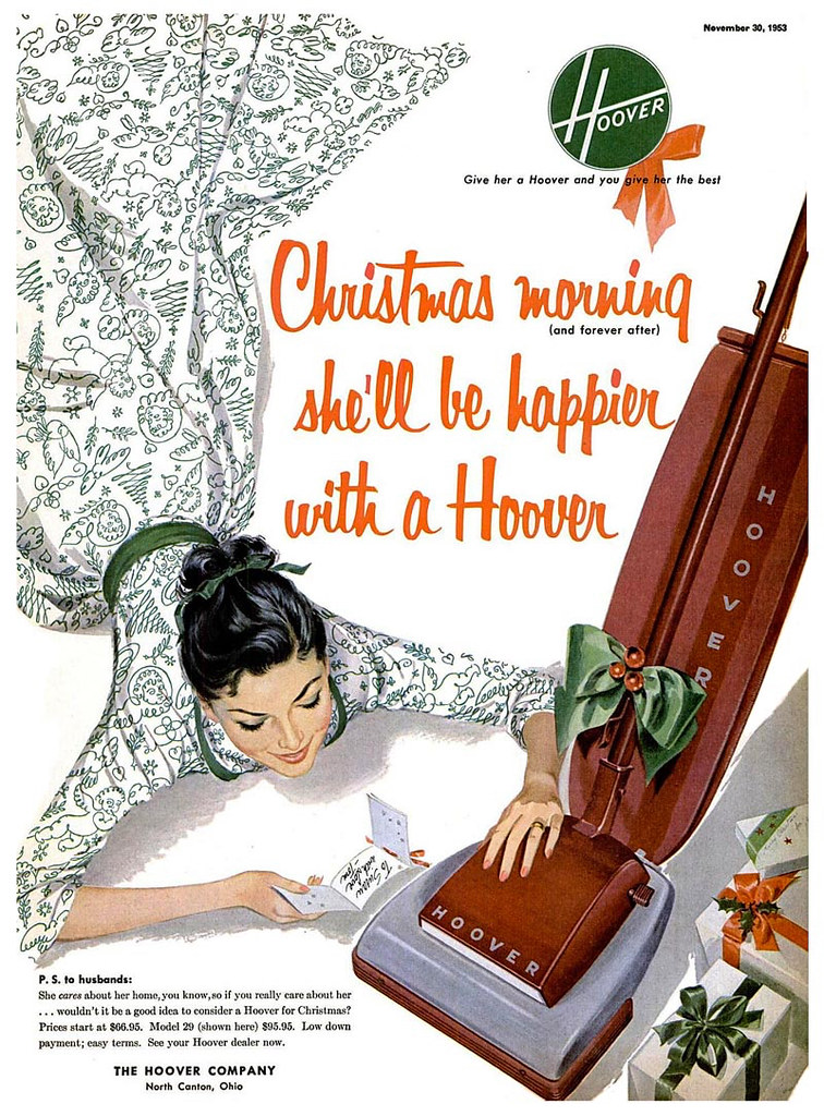 Ad, Appliance - Hoover Vacuum Cleaner, Hoover Co., 1953-11-30 - Christmas morning she'll be happier - Life Magazine