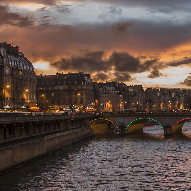 Rita Crane Photography:  lights / sunset / reflection / Pont St. Michel & Quai des Grands Augustins at Sunset, Paris