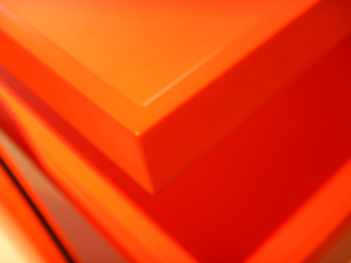 Red-orange boxes in the Design Museum in Copenhagen, Denmark