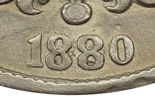 1880 Sheild Nickel altered date closeup