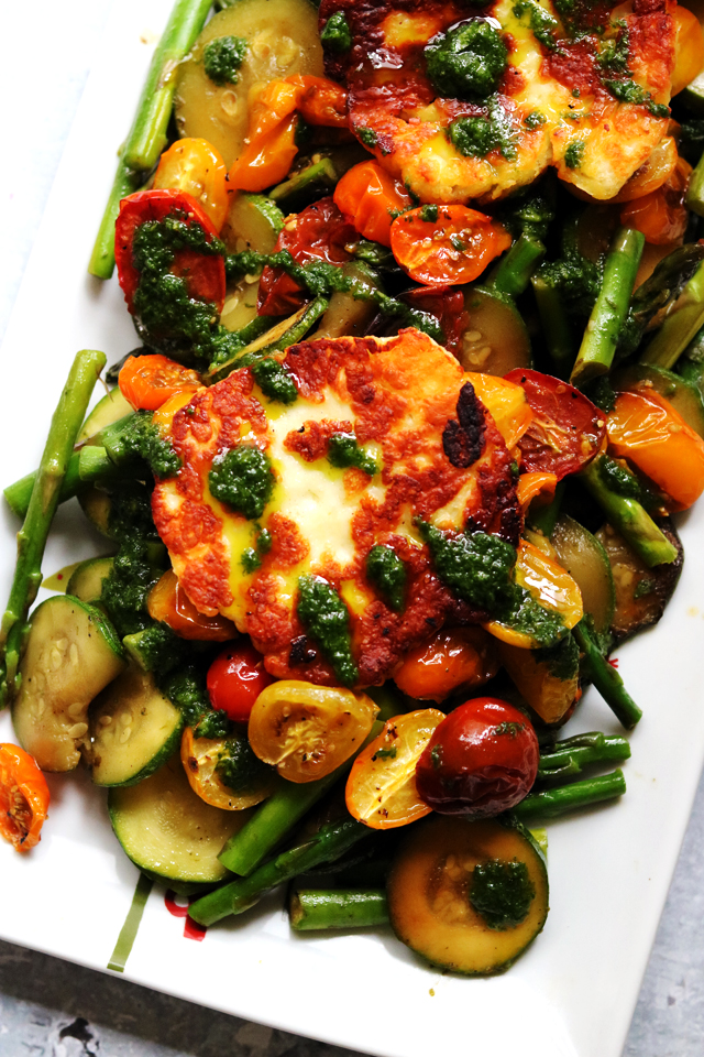 Fried Halloumi, Asparagus, Zucchini, and Roasted Cherry Tomatoes with Basil Oil
