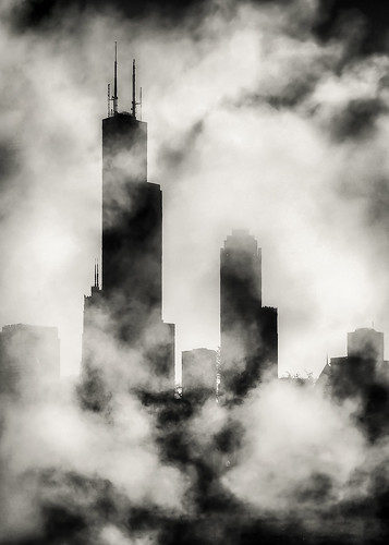 cityskyline cityofchicago downtown skyscrapers thesearstower thewillistower 311southwackerdrive silhouettes chicagoillinois theloop cookcounty chitown thewindycity cityscape landscape atmosphere mood moody fog mist clouds steam monochrome blackandwhite swirls swirling may spring morning vertical urban architecture armageddon apocalypse nikond5100 tamron18270 lightroom5 photoshopbyfehlfarben thanksbine youreditingskillsshine moreshiny