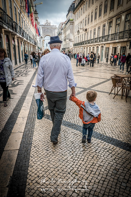 Walking with Grandpa on Rua Augusta, Lisbon, Portugal