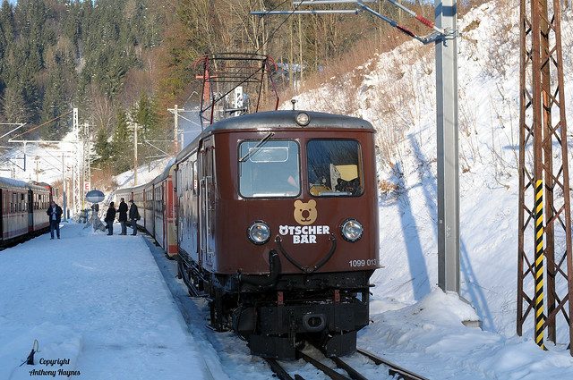 NÖVOG's No. 1099.013 'Ötscher Bär' arrives at Laubenbachmühle Bahnhof with an up train for Mariazell on the Mariazellerbahn, Austria.