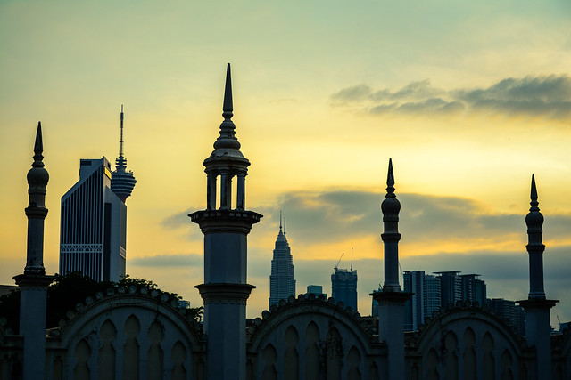 The ornamental arches and spires of the Old Kuala Lumpur Railway Station