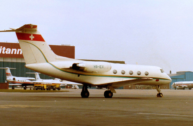 HB-IEX is a 1976 Grumman G-1159 Gulfstream II c/n 169 Interjet AG Luton 05Apr84 - rescanned