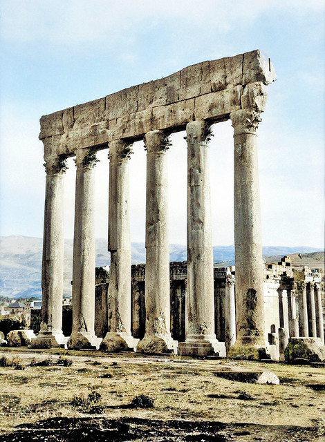 November 1942 - The towering, Corinthian styled Six Pillars of the Temple of Jupiter, Baalbek, Syria (now Lebanon)