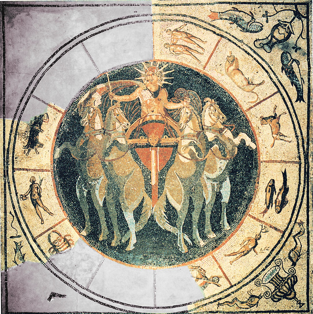 Sol (Sun-god) in a chariot drawn by 4 horses (quadriga)  - circle of zodiac