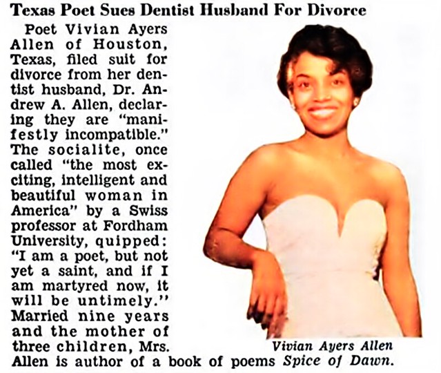 Poet Vivian Ayers Allen (Mother of Debbie Allen and Phylicia Rashad) Sues Dentist Husband For Divorce - Jet Magazine, April 22, 1954