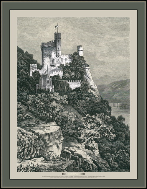 s036 6082 Buch Die Burg Rheinstein Originalzeichnung von. R. Stieler. Das Buch Für Alle. Holzstich aus dem Jahr 1885.