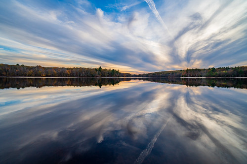 clouds fall lake landscape reflection sky statepark sunset trees tripod hopkinton ma unitedstates