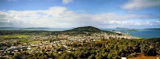 July 1984 - Panoramic view from Mount Melville lookout tower across the coastal city of Albany, Western Australia