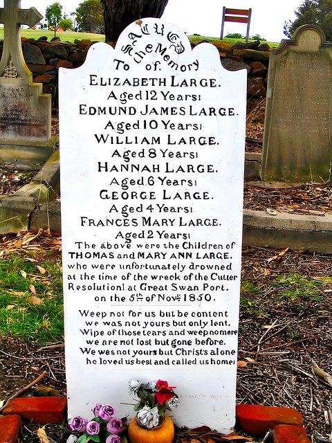 End of March 2005 - Tragic headstone for the six drowned children of Thomas & Mary Large at the Anglican Cemetery, Waterloo Rd, Swansea, Tasmania
