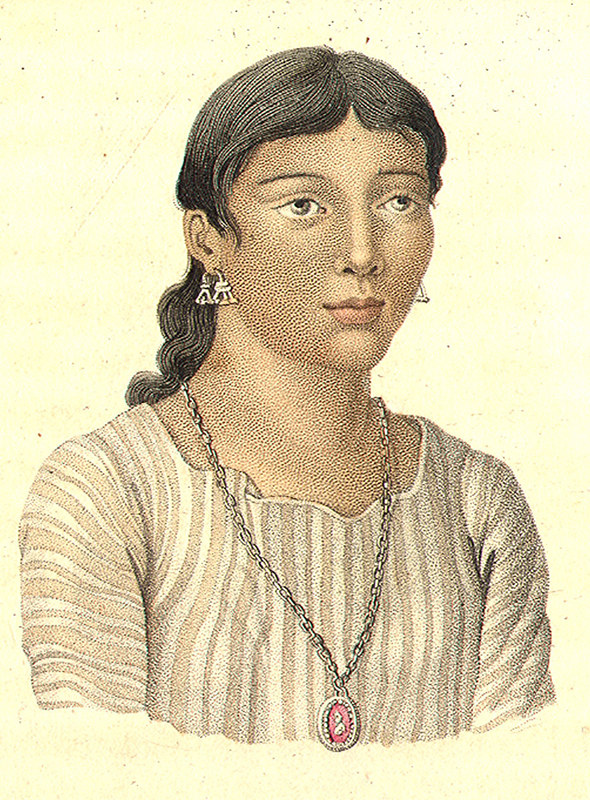 By the late 1700's, after the Spanish had colonized and Christianized the Chamorros, people typically wore jewelry made of silver or gold rather than traditional shells.  Rare illustration of Josepha, child of the Mayor of Umatac. J. A. Pellion, 1824.  From Freycinet’s Voyage Autour de Monde (Paris, 1824).

J. A. Pellion/Guam Public Library System