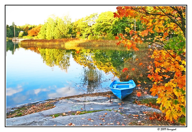 blue boat in autumn