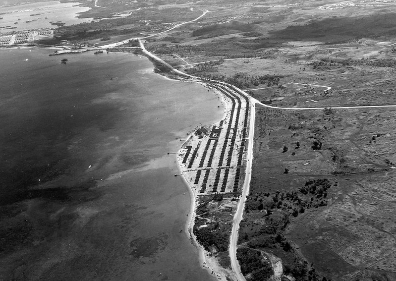 The temporary village of Agat in post World War II is shown in this aerial photograph with a grid-like layout. The new village was build later.

Andersen Air Force Base