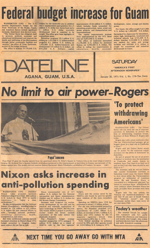 For a short period in the mid-1970s, Gannett put out a daily afternoon newspaper called Dateline using the same offices but a different staff as the Pacific Daily News.

Micronesian Area Research Center (MARC)
