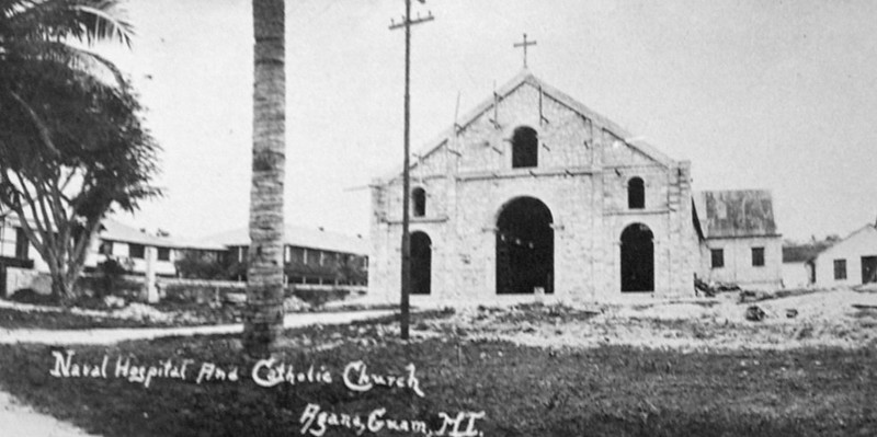 In the early 1900s, the U.S. Naval Government had reconstructed the Governor's Palace, built a hospital, expanded the roads and established water, sewer, and electrical lines. A utility pole can be seen in front of the cathedral in Hagåtña. Photo from the US Naval Academy courtesy of Don Farrell.