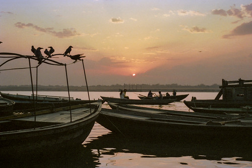 asia gangesriver india varanasi bird boat crowd film negative sunrise tourists water