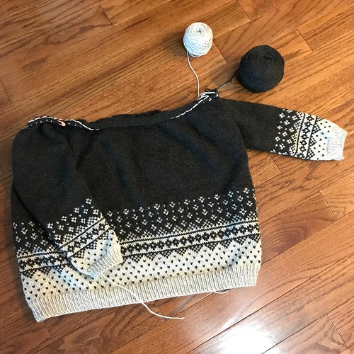 My rescued Rainier WIP! I had to frog back a big chunk of the body - it was huge, too big to turn into my planned dress so I have turned it back into a boxy styke!
