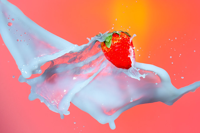 Food Photography. Milk Droplets Pouring Around Strawberry. Against Red Background.