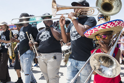 Alvin Coco plays with Da Knockaz Brass Band at Jazz Fest 2019 day 8 on May 5, 2019. Photo by Ryan Hodgson-Rigsbee RHRphoto.com