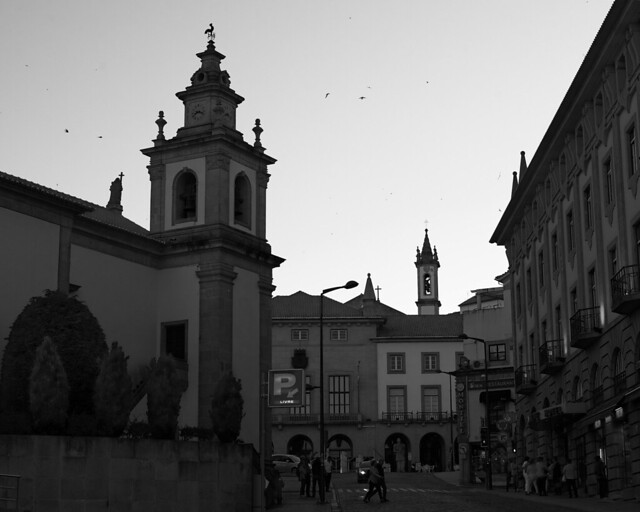 Centre of Covilhã at dusk (B&W)