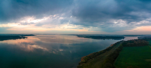 reflection drone lake sunrise clouds