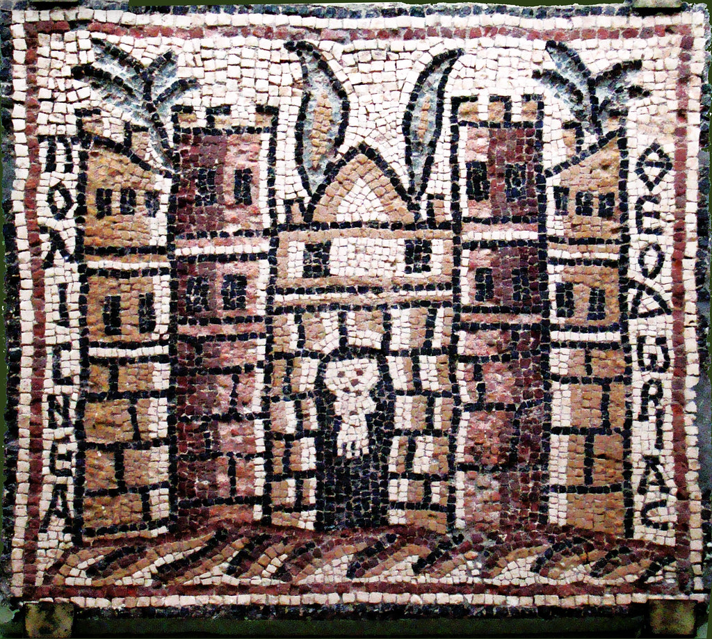 Theodorias mosaico conmemorativo de la refundación de Olbia por Teodora iglesia bizantina Museo de Qasr Libia 48