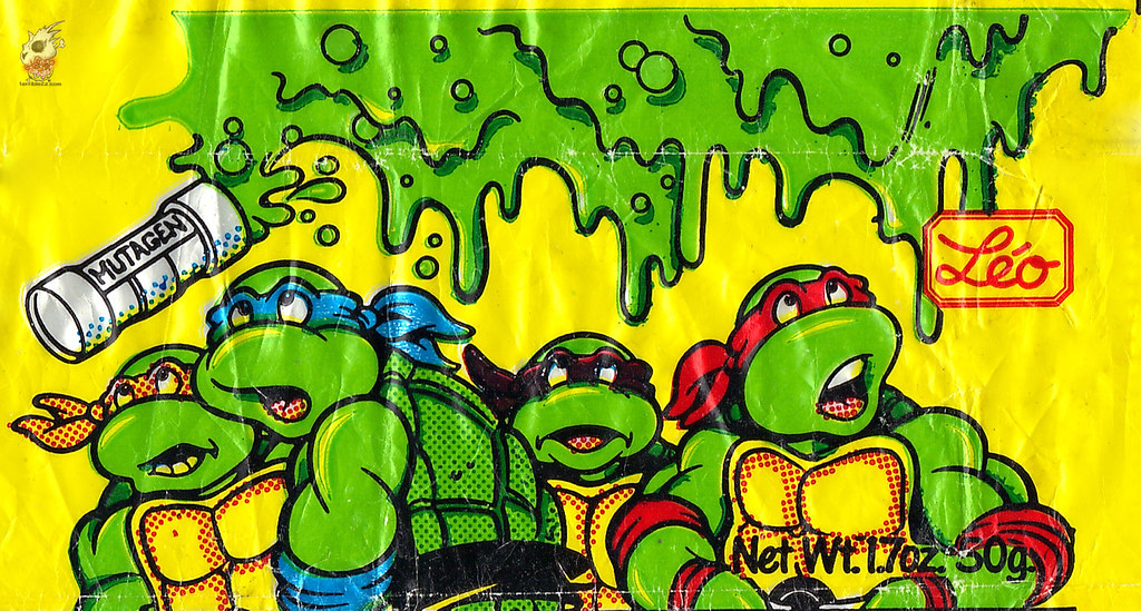 Alma-Leo U.S.A :: TEENAGE MUTANT NINJA TURTLES 'MUTAGEN' Fruit Flavored Candy Chew Bar ;wrapper ii / Turtles Isolated  (( 1990 )) by tOkKa