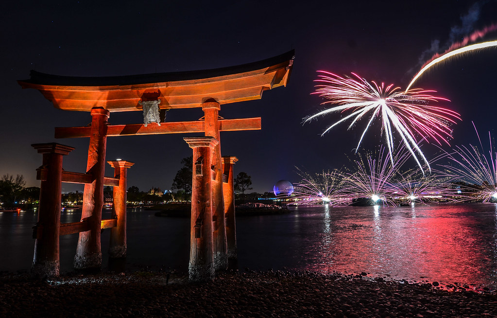 Torii gate Illuminations pink fireworks Epcot