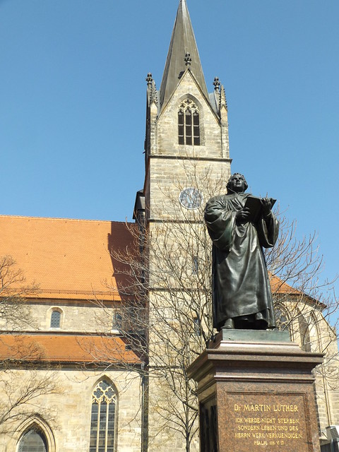 Martin Luther Statue in front of the Kaufmannskirche, Erfurt, Thuringia, Germany, 15 April 2019