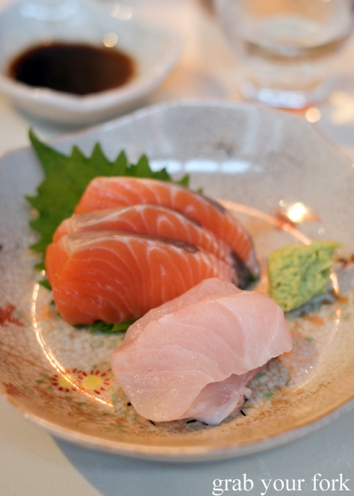 Bass grouper and saikou alpine salmon sashimi, part of the omakase sushi at Osaka Bar in Darlinghurst Sydney
