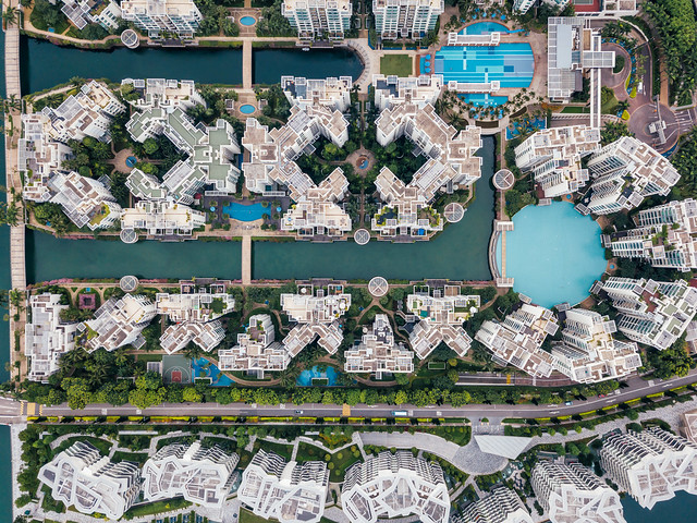 Top view of keppel bay with modern residence in Singapore city.