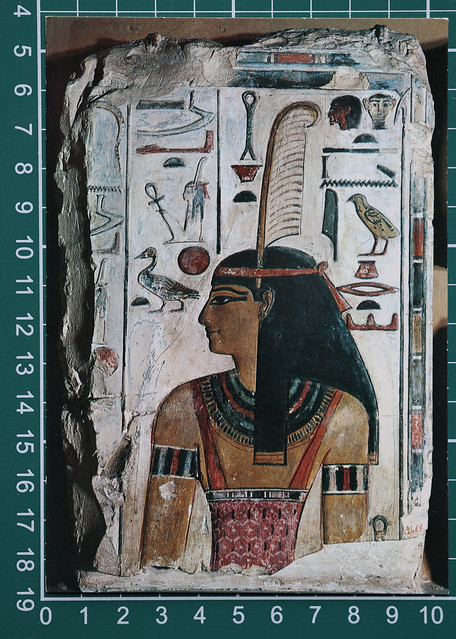 Postcard [verso] Maat or Mayet, the Goddess of Truth in Ancient Egypt (fresco from the tomb of the Pharao Sethos I, c.19th Dynasty)