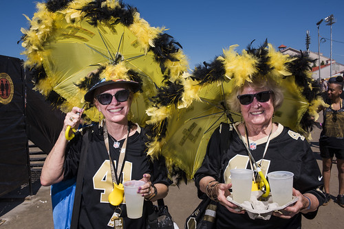 Who Dat Saints fans Janet Larue and Barbara Hammett at Jazz Fest day 2 on April 26, 2019. Photo by Ryan Hodgson-Rigsbee RHRphoto.com