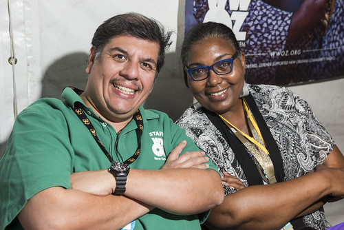 Jorge Fuentes and Maryse Dejean in the WWOZ Hospitality Tent at Jazz Fest Day 2 on April 26, 2019. Photo by Ryan Hodgson-Rigsbee.
