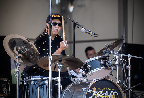 Zigaboo Modeliste with Foundation of Funk set on Day 2 of Jazz Fest - 4.26.19. Photo by Charlie Steiner.