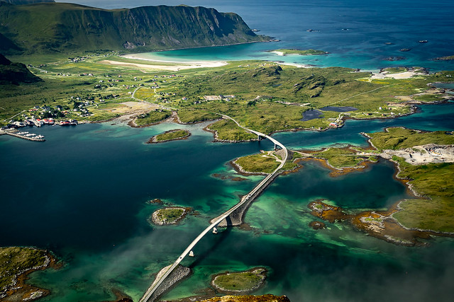 View of the Fredvang Bridges from the Summit Of Volandstinden (457m), Flakstadøya, Lofoten Archipelago, Norway
