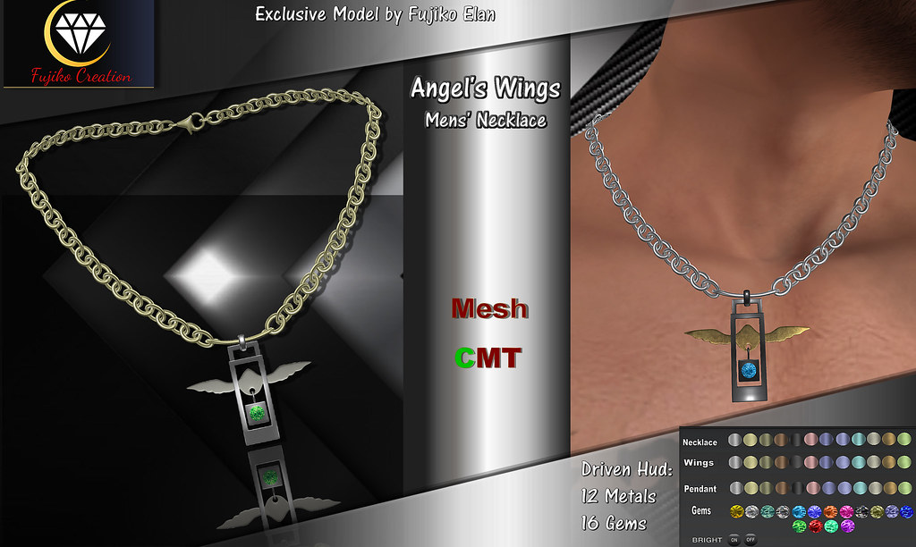 Angel wings men’s necklace with driven hud