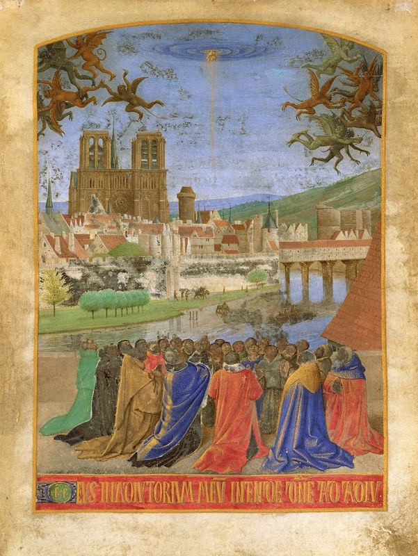La mano derecha de Dios protegiendo la fe, del ataque de los demonios, en las “Horas de Étienne Chevalier”, de Jean Fouquet, hacia 1460. — Fuente.