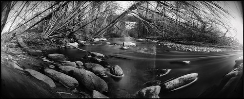 panorama wide 180 can coffee coffeecan elliptical pinhole stenope lochkamera analog analogue 9x21 ilford ilfospeed d76 11 9950 bw landscape river water flow stones forest wood tree trees branches spring april 2019 obscura