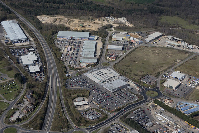 Aerial view of Longwater Retail Park in Norwich - Norfolk UK