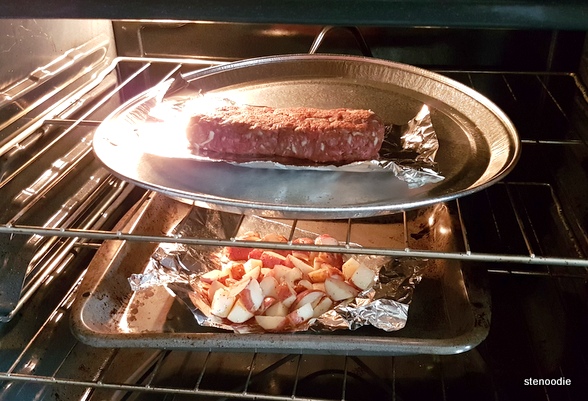  meatloaf and potatoes in oven
