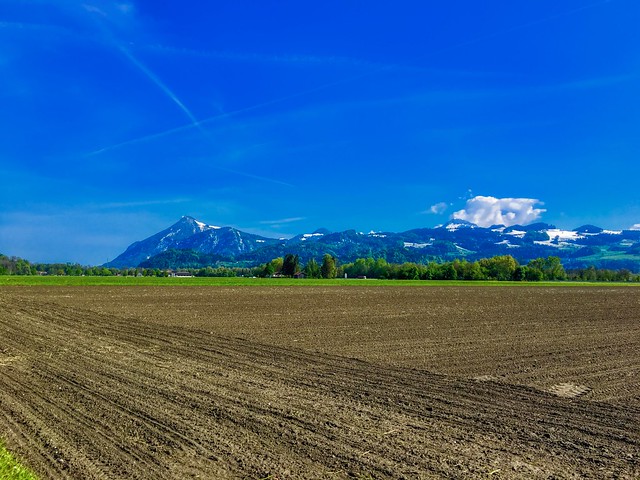 Fields between Kiefersfelden and Oberaudorf with mountain range in the distance in Bavaria, Germany