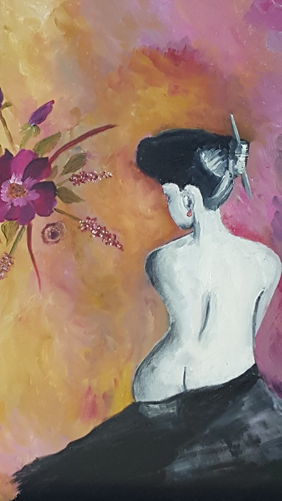 אשה בחצי עירום פרח יפני פרידה פירו ציירת ישראלית אמנית עכשווית ישראלית דקורטיבי