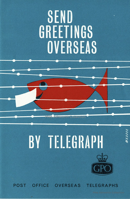 Send Greetings overseas by telegraph; Post Office Overseas Telegraphs; GPO leaflet, 1963, with artwork by Reginald Maddox.