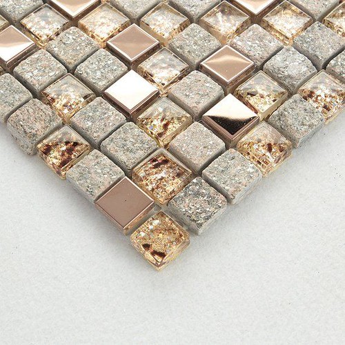 Gray and Rose Gold Kitchen Backsplash, Glass and Stainless Steel Mosaic Tile, Natural Stone & Metal Bathroom Wall Tiles, Shower Accent Tile | by isrealcelis79992